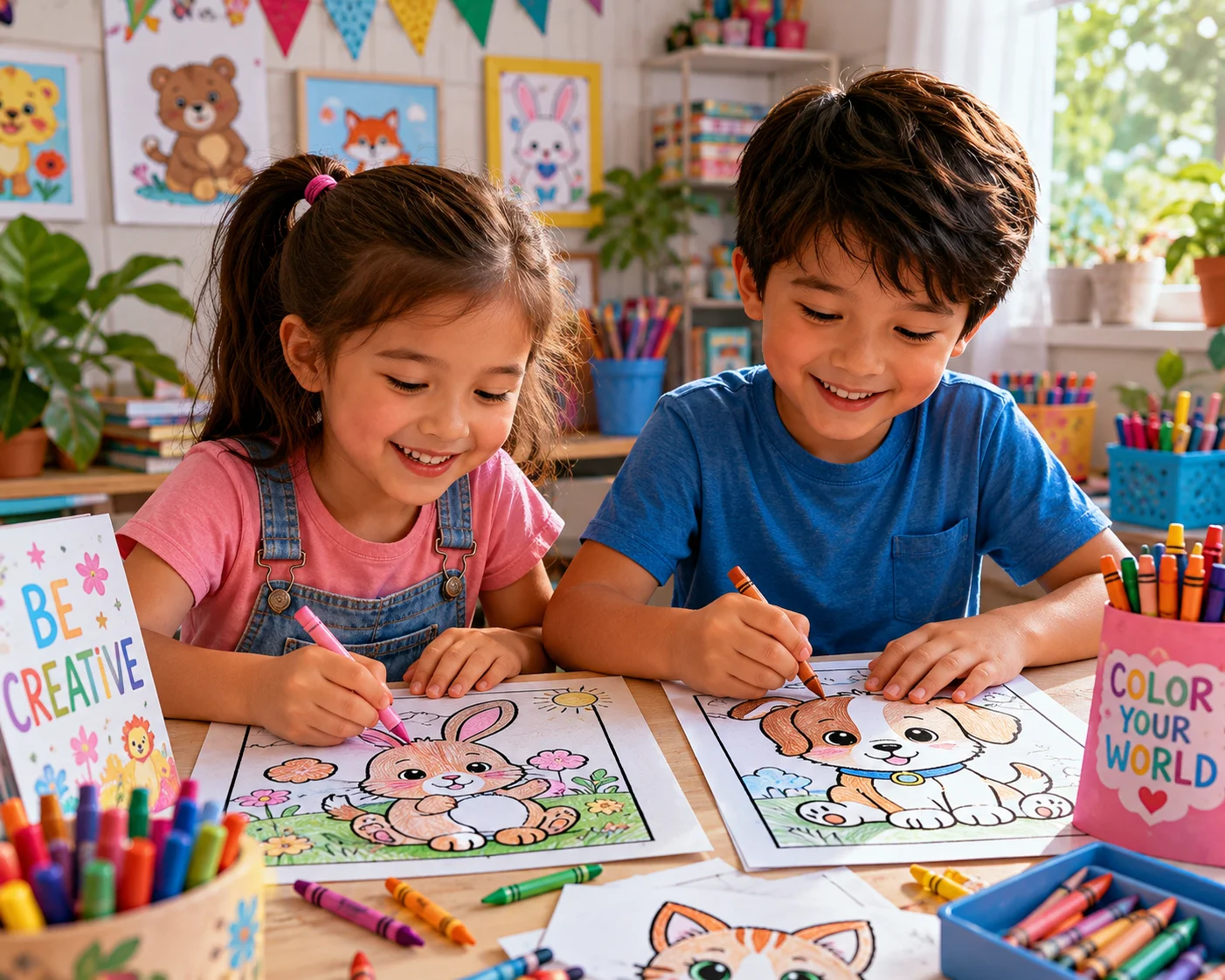 Colorful kids coloring website banner with crayons rainbow and printable pages