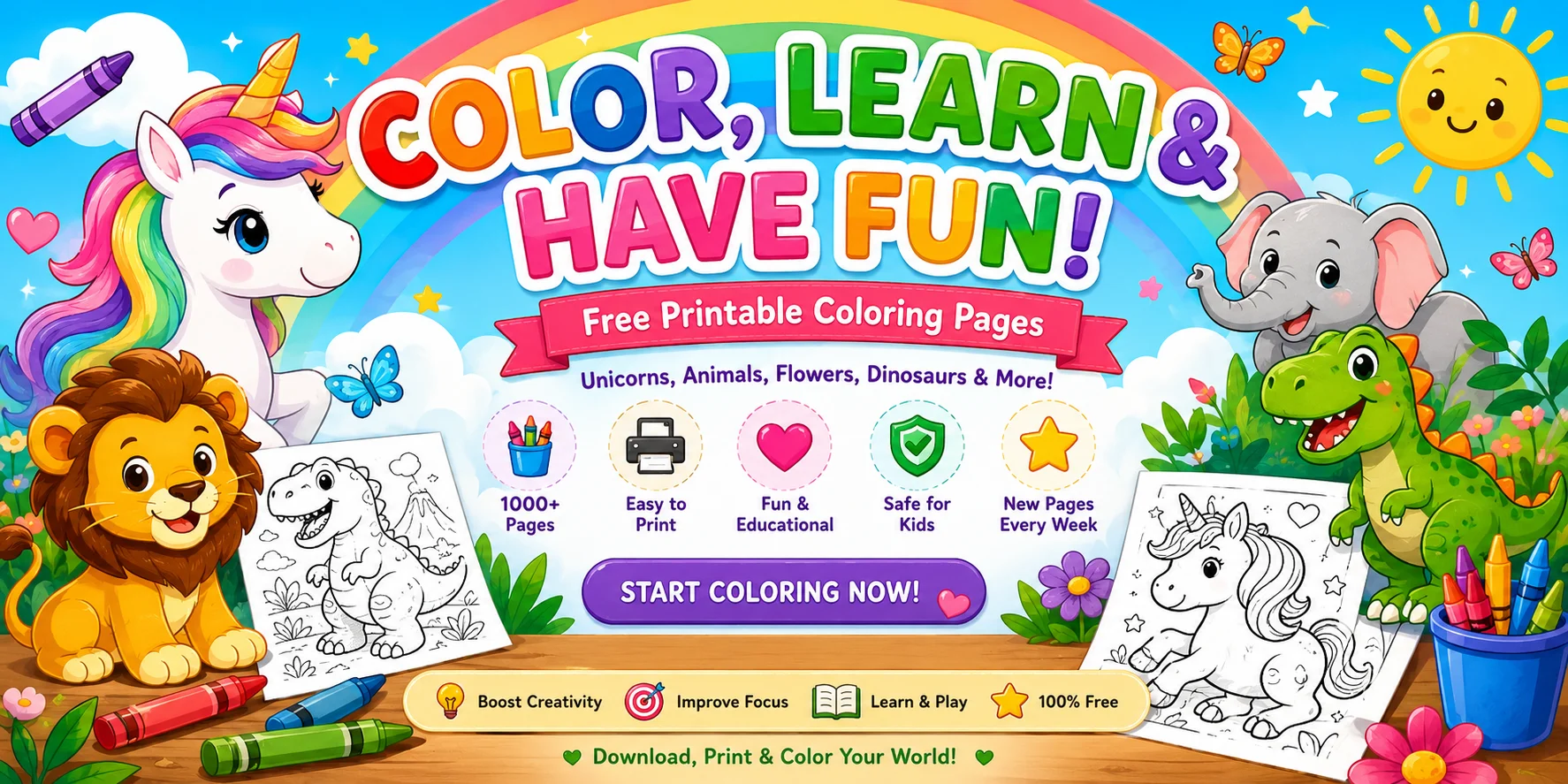 Free printable coloring pages for kids with crayons and cute drawings