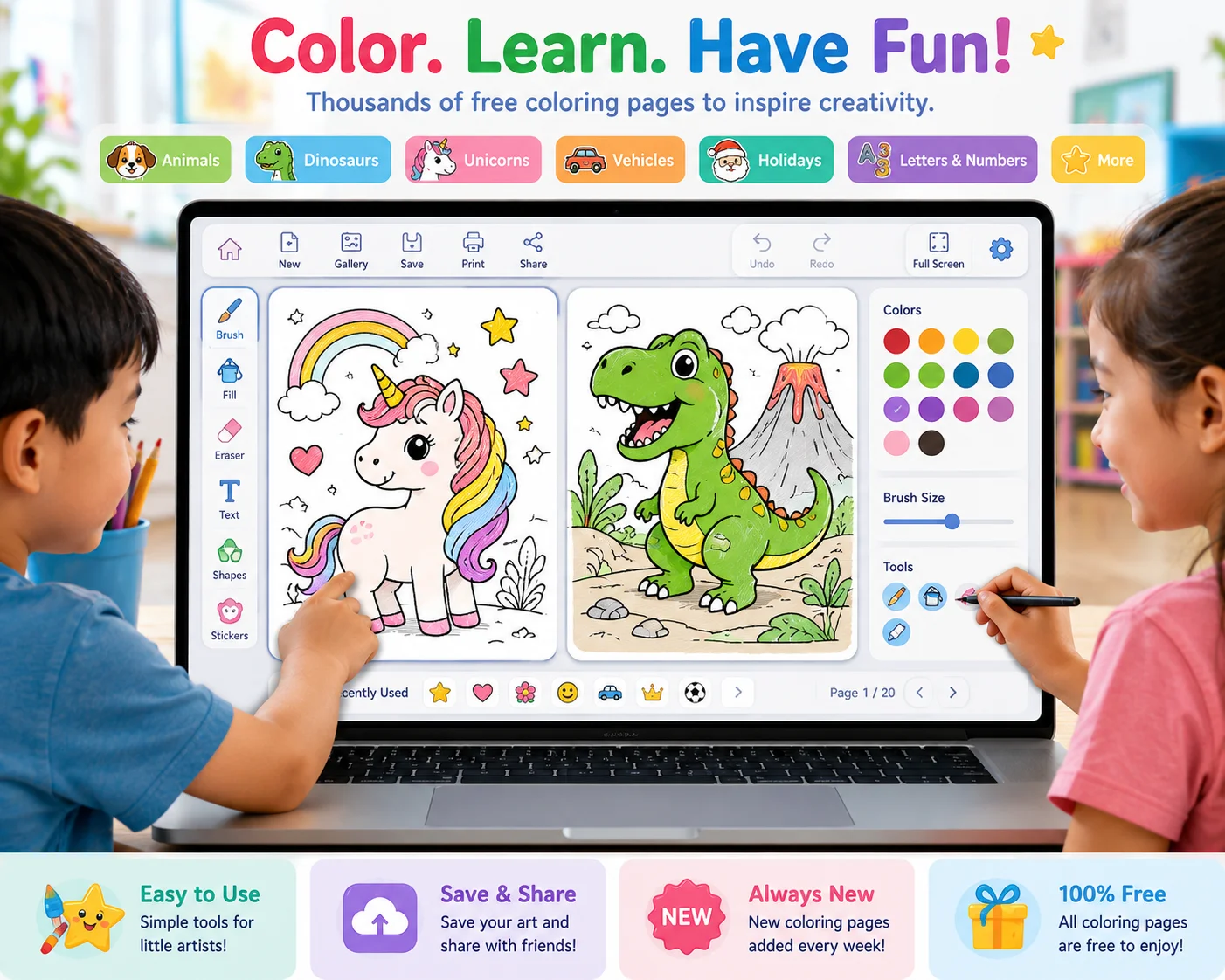 Grid of printable coloring pages with dinosaurs unicorns animals and holiday themes