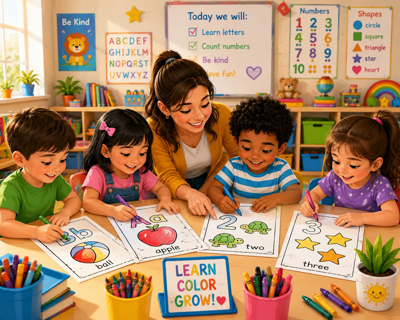 Kids coloring printable worksheets at a bright creative desk